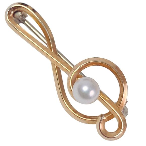 Vintage Signed Krementz Gold Filled Treble Clef Pearl Brooch Music - Picture 3 of 10